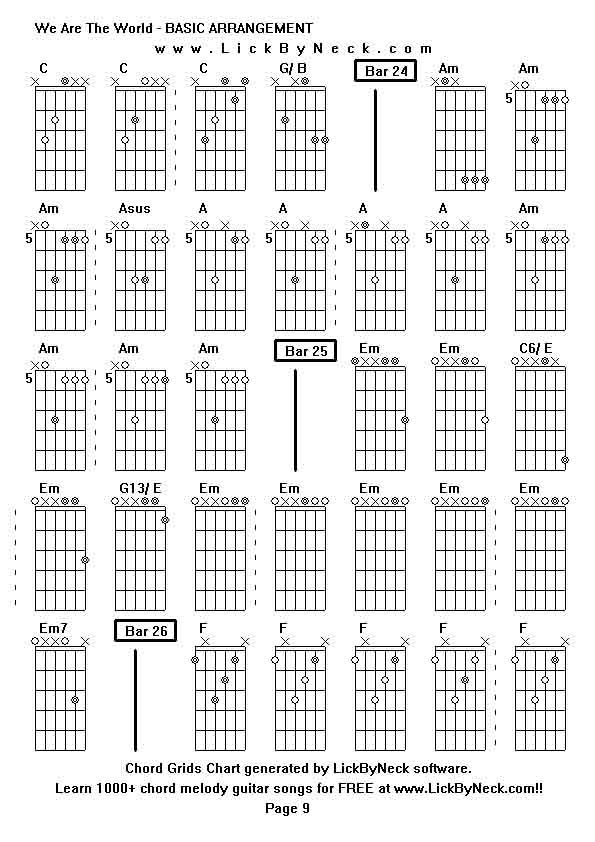 Chord Grids Chart of chord melody fingerstyle guitar song-We Are The World - BASIC ARRANGEMENT,generated by LickByNeck software.